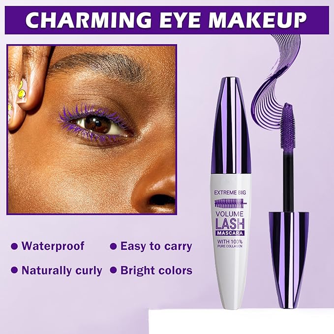 Purple Mascara for Eyelashes,5D Colored Mascara Volume and Length Waterproof,Natural Curling for Women Eye Makeup