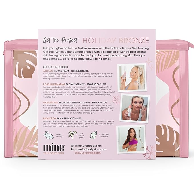 MineTan Holiday Bronze Self Tanning Gift Set - Stocking Stuffer for Her, Gift for Her, Beauty Lovers, Sunless Tanning Bundle, Travel Sized Self Tan for Body, Self Tan for Face