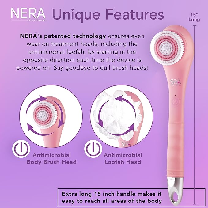 Spa Sciences - NERA - 4-in-1 Shower/Bath Body Brush for Exfoliation, Deep Cleansing, Foot Care, Lotion Infuser, and Massage