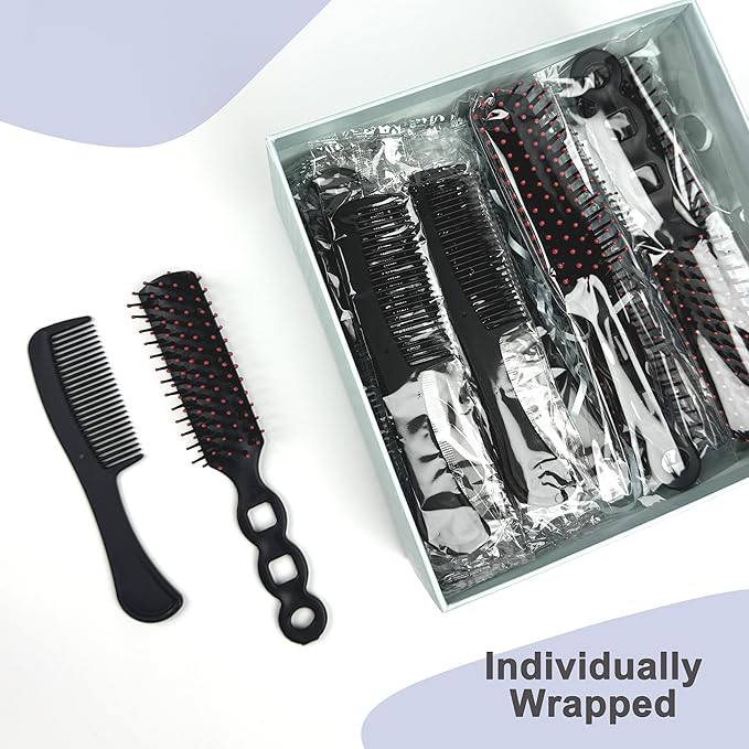 Hair Brush and Comb Set, 100 Pcs Bulk for Homeless Individually Wrapped, Lightweight Hair Brush and Comb for Women Kids Hotel Travel (Black)