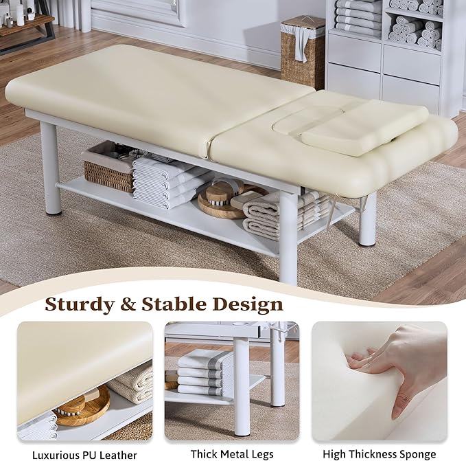 Olela Heavy Duty Stationary Massage Table with Adjustable Backrest, 31.5" Wide Professional Spa Facial & Therapy Bed, Metal Frame PU Leather Treatment Table for Salon & Clinic