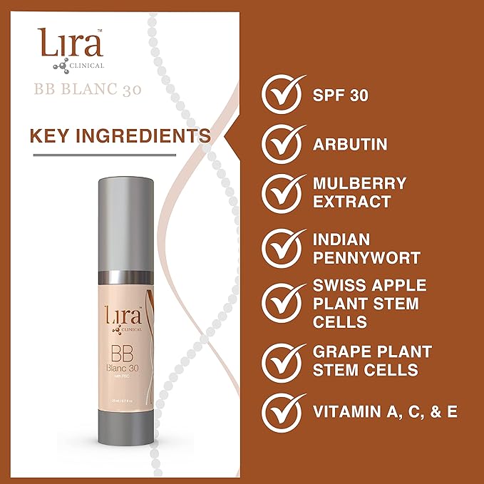 Lira Clinical BB Cream - SPF 30 Tinted BB Cream with PSC & Vitamins - Full Coverage - 0.7 fl oz. (Blanc 30)