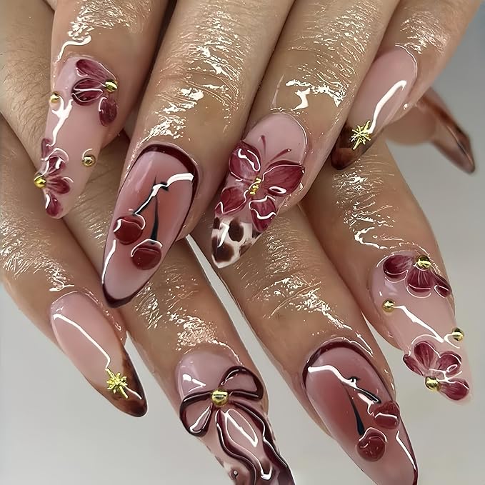 24Pcs Wine Red Cherry Press on Nails Medium Almond Fake Nails with 3D Flowers Rhinestones Designs False Nails Brown Leopard French Artificial Acrylic Full Cover Stick on Nails for Women Manicure