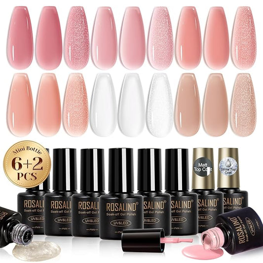 ROSALIND Jelly Gel Polish Set with Matte and Glitter Gel Top Coat, 6 Translucent Colors Neutral Sheer Milky White Nude Pink base Gel Nail Polish set Nail Art DIY at Home