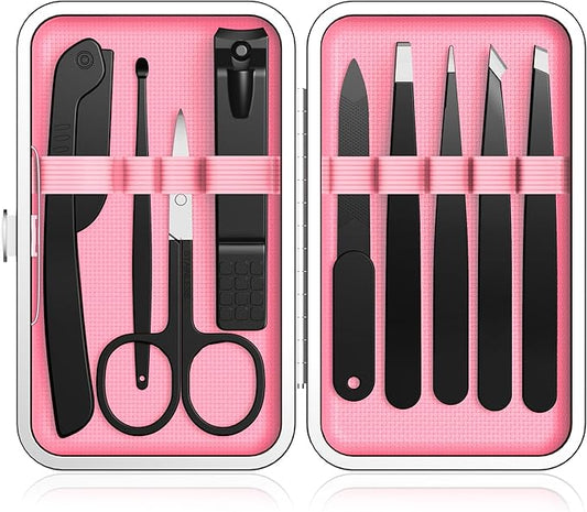Yougai Tweezers Set, 9 Pcs Professional Stainless Steel Tweezers Kit for Women Facial Hair, Precision Eyebrow Tweezer Kit with Curved Scissors and Eyebrow Razor for Ingrown Hair Removal