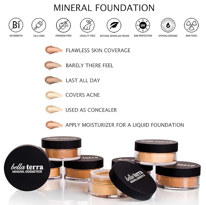 BellaTerra Cosmetics Mineral Powder Foundation – Ultra | Deep Cool Shade with Matte Finish | Buildable, Long-Wearing Mineral Coverage for a Polished, Natural Look 9g