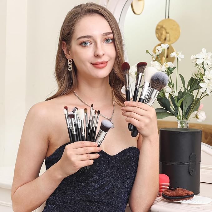 Bueart Design Pro makeup Artist 34Pcs Deluxe Real Goat Hair Horse hair Makeup Brushes Set with extra Large Holder High End Professional labeled makeup brush set with natural Pony Hair