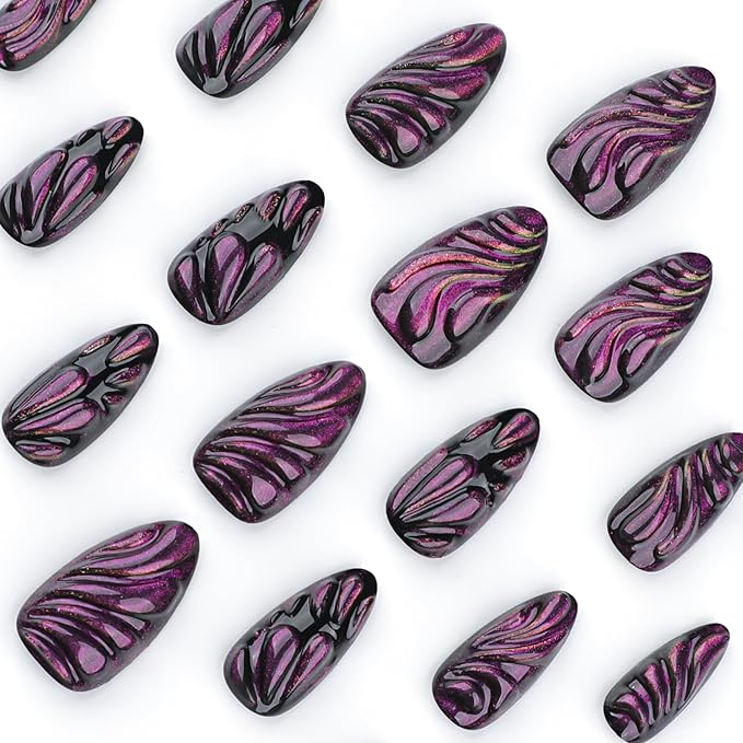 24Pcs Purple Press on Nails Medium Almond Fake Nails with 3D Butterfly Water Drops Design Glitter Full Cover Glossy Acrylic Nails False Nails Sweet Cool Black Purple Glue on Nails for Women