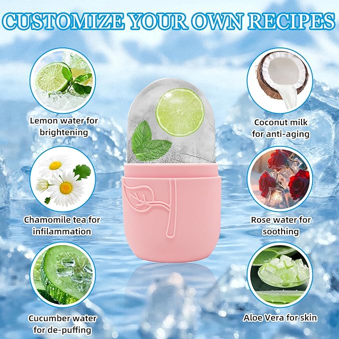 Ice Face Roller Massager for Face, Reusable Silicone Ice Cube Mold, Facial Beauty Ice Roller, Reduce Puffiness and Dark Circles, Minimize Pores & Improve Skin Texture (Pink)