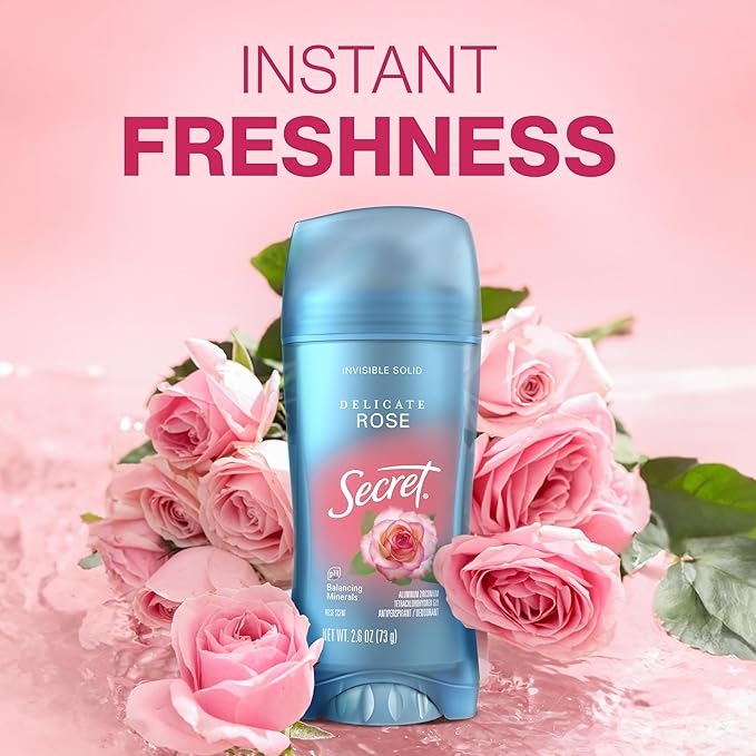 Secret Fresh Antiperspirant Deodorant for Women, 72hr Breathable Sweat & Odor Protection, Instant Freshness & Gentle, PH Balancing Minerals, Invisible Solid, Delicate Rose Scent, 2.6 oz (Pack of 3)