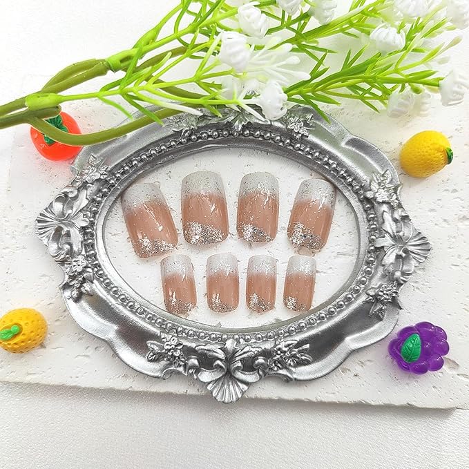 Press on Nails Medium Square Fake Nails French Tip Nails Press ons Glossy Glue on Nails White Ombre Acrylic Nails Brown False Nails with Glitter Designs Artificial Stick on Nails for Women 24Pcs