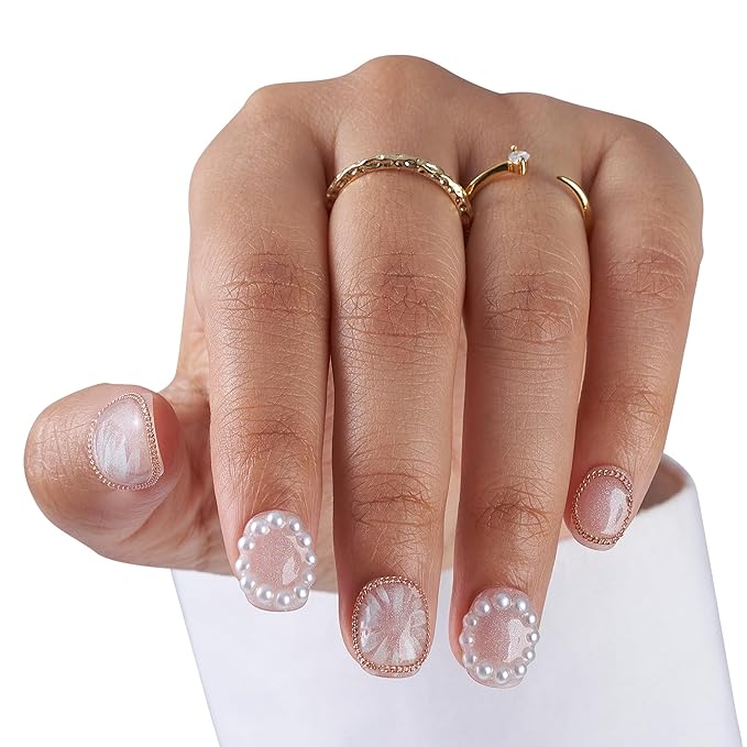 Large-Pearl Royale Fake Nails Press-On Manicure Kit for Women | French Tip 10 Nails | Nail Glue, Dual Nail File, Cuticle Stick, Buffer Block | Measure Before Ordering