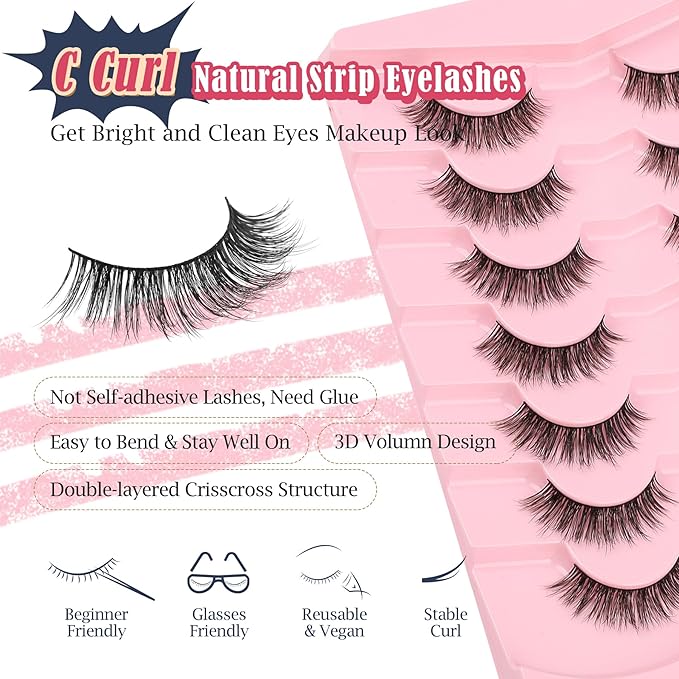 Lashes False Eyelashes 13MM Wispy Lashes Pack Fluffy Lash Strip EyeLashes with Thin Band C Curl Natural Lashes Fake Eyelash 7 Pair Siligli
