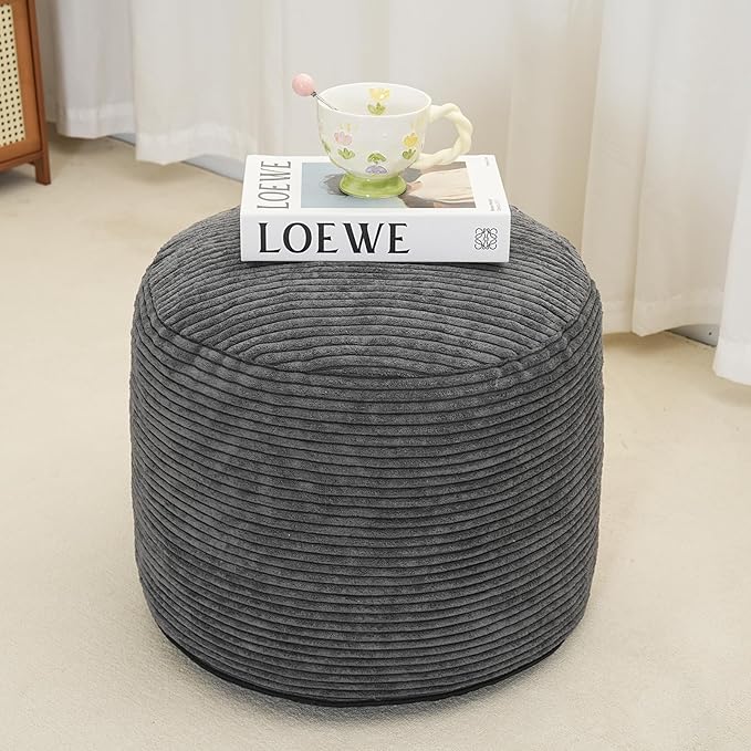 Pouf Ottoman Stuffed Round Modern Foam Filled Foot Rest Corduroy Poufs for Living Room Chair Decorative 20 X 15 Inches Fluffy Pouf Foot Stool Storage Ottoman, Dark Grey