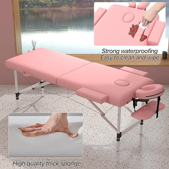 Massage Table Massage Bed, Portable 2 Section Foldable Tattoo Bed, Height Adjustable Lash Spa Bed with Face Cradle, Home Light Weight Facial Salon Bed with Aluminum Frame, Light Pink