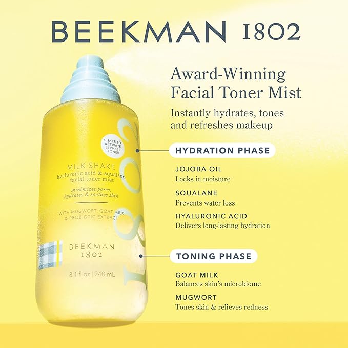 Beekman 1802 Milk Shake Hydrating Face Mist - Hyaluronic Acid & Squalane Facial Mist Minimizes Pores & Gently Moisturizes - Makeup Setting Spray - Fragrance-Free
