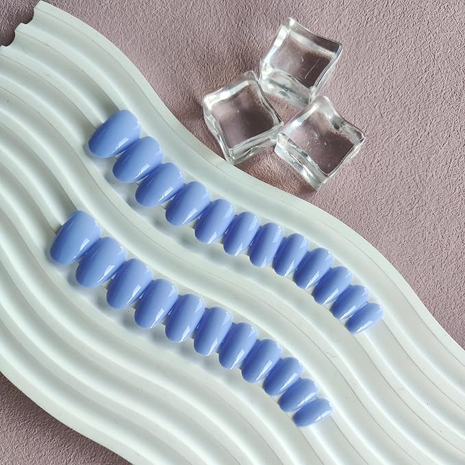 Blue Press on Nails Short Oval Fake Nails Press ons, Thick Solid Color Glue on Nails Short False Nails, Short Almond Nails Oval Round Shaped Nails for Women, 24Pcs Natural Acrylic Gel Nails