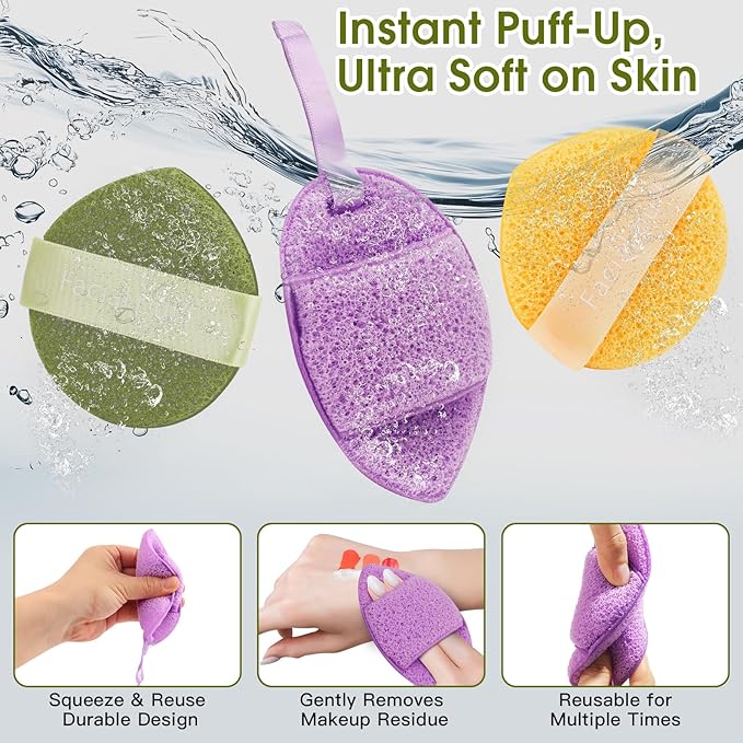 Facial Sponges GloréBrochas 3PCS Soft Reusable Face Sponges for Cleansing, Makeup Removal, Clay Mask & Exfoliating, Individually Wrapped PU Beauty Pads in Colorful Set for Travel & Daily Use