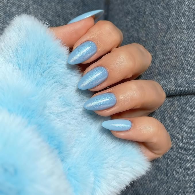 KQueenest Press On Nails Short - Baby Light Blue Press On Nails Almond Shape, Glitter Cat Eye Fake Nails with Nail Glue, Reusable Cute Bright Gel Glue On Nails with Color-Shifting Glow, 30 Pcs