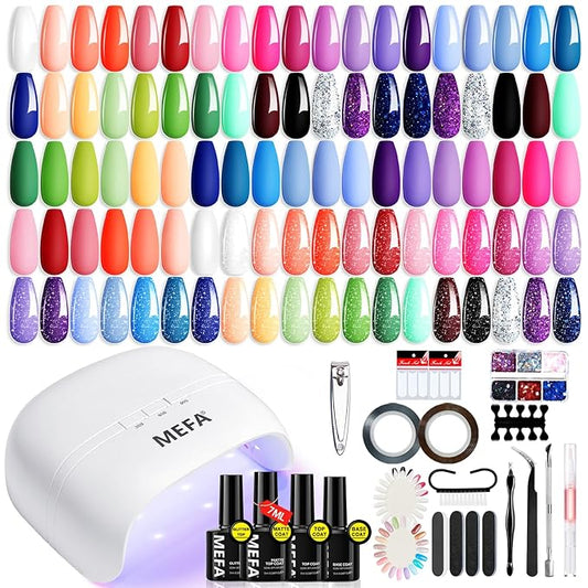 MEFA 32 Colors Gel Nail Polish Kit with U V Light, Spring Bright Pastel 60Pcs Pink Gel Polish Nail Set with Matte/Glossy Base Top Coat Essential Manicure Tools Nails Art Decorations Women Gifts