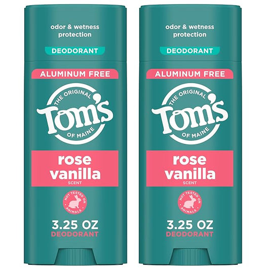 Tom's of Maine Rose Vanilla Aluminum Free Natural Deodorant For Women & Men | Goes on Clear | Odor & Wetness Protection | Naturally Derived and Moisture-Locking Ingredients | 3.25 oz (2 Pack)