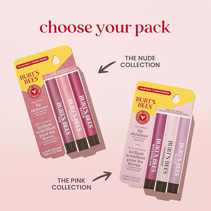 Burt's Bees Christmas Gifts, Lip Shimmer Pink Collection, Tinted Lip Balm Stick, Moisturizing for Hydration with Natural Glowy Pigmented Finish & Buildable Color, Value Pack, 3 Tubes x 0.09 Oz