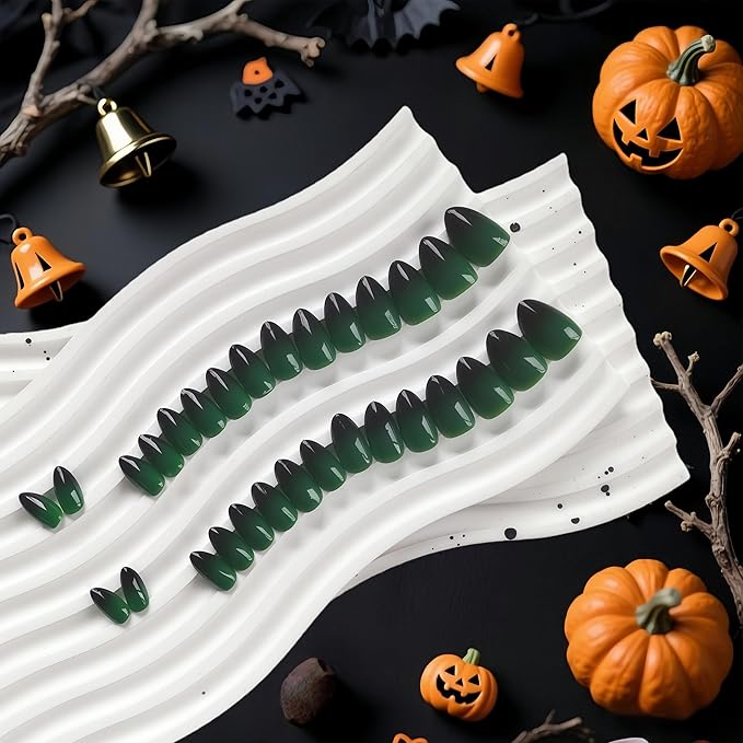 KQueenest Halloween Press On Almond, Ombre Green Black Press On Nails Short Stiletto, Dark French Fake Nails With Glue, Gradient Glue on Nails with Design, Reusable Stick on Nail for Women, 30 Pcs