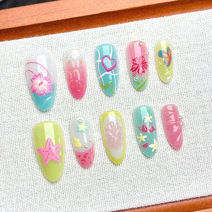 30Pcs Pink Press on Nails Medium Almond Fake Nails with 3D Flower Pearl Starfish Design Summer Bikini Shell Butterfly False Nails Pineapple Orange Colorful Acrylic Stick on Nails for Women