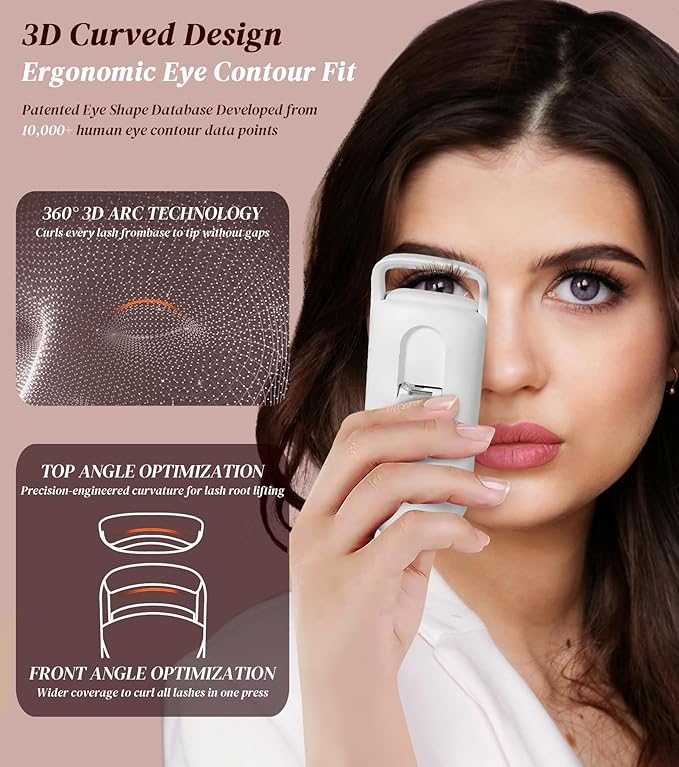 Heated Eyelash Curler, Eyelash Curlers with 10S Quick Heat-Up, 2 Temp Settings, 3S Styling & 24H Long-Lasting Natural Curl, Type-C Recharge, Mini Electric Eyelash Curler for Travel - White