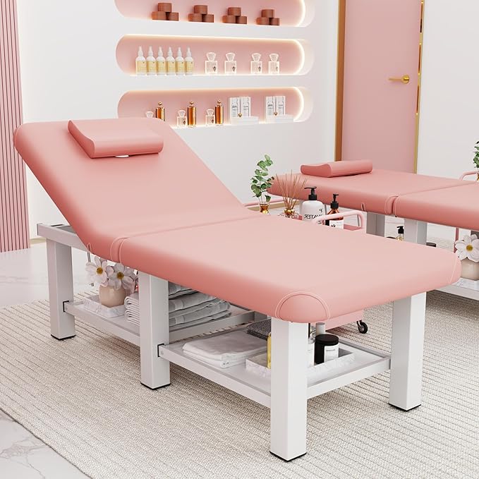 Folding Stationary Massage Table with Backrest and Storage Space, 6 Square Legs Metal Frame PU Leather, 30.5'' Wide × 75'' Long for Treatment Table Physical Therapy Table Spa Facial Bed, Pink