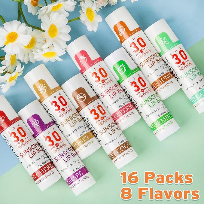 SPF 30 Lip Sunscreen, SPF Lip Balm Travel Size 16 Pack, Hydrating Lip Balm Bulk with Vitamin E and Coconut Oil- 8 Flavors
