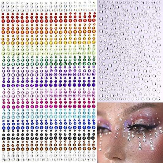 1250 Pcs Self Adhesive Rhinestones for Makeup Eyes 15 Colors Rainbow Rhinestones Face Jewels Face Gems Stick on, DIY Nail Makeup 3mm 4mm 5mm 6mm Rave Festival Accessories Costume for Women