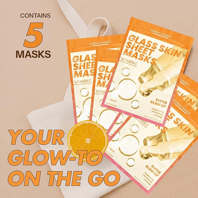 Vitamin C Face Mask – Dermatologist Tested, Anti-Aging, Korean Skin Care, Evens Tone Hydrates Revitalizes – Clean Beauty Vegan Sheet Mask for Dull Sensitive Skin – 5 Sheets