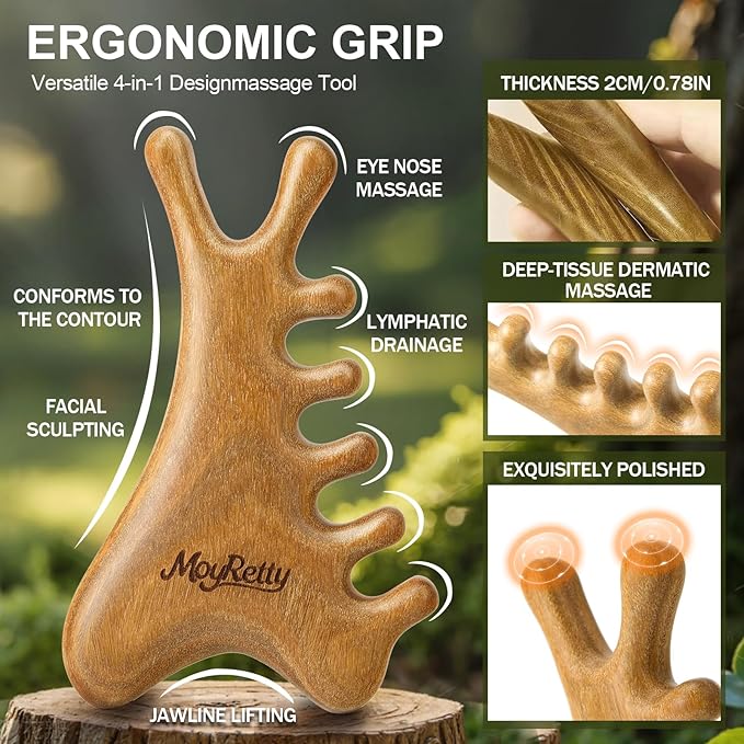 MoyRetty Green Sandalwood Gua Sha Facial Tool(4-in-1), Natural Wooden Face & Body GuashaMassager, Lymphatic Drainage Massage Comb with Storage Pouch, Jawline Shaper