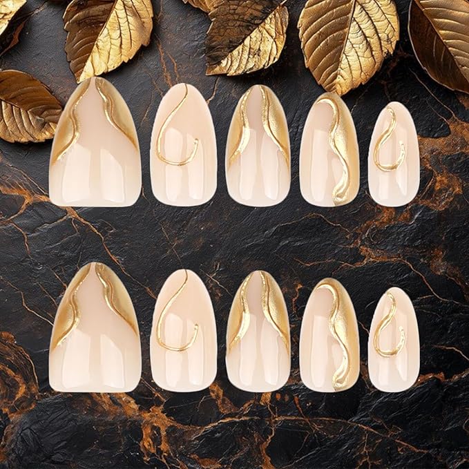 3D Gold Curve Line Press on Nails 24Pcs Irregular Lines Gel Glue on Fingernails Acrylic Full Cover Fake Nails Glossy French Tips Stick on Nail Vine Medium Almond False Nail for Holiday Manicure Art