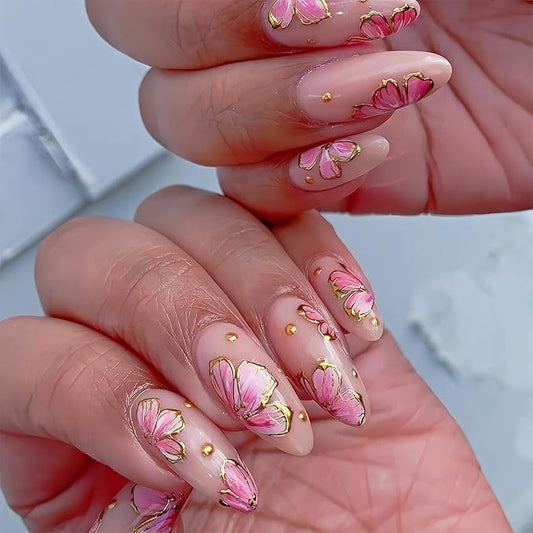 Flower Almond Press on Nails Medium Fake Nails with Golden Edge Design Glue on Nails Pink Floral Acrylic Nails Full Cover Stick on Nails Reusable Cute Glue on Nails Artificial Nails for Women 24Pcs