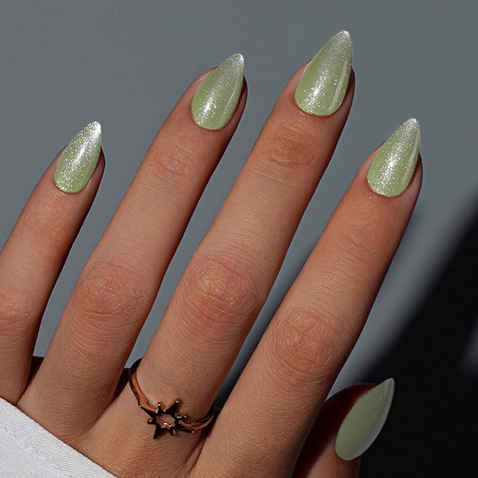 KQueenest Cat Eye Press On Nails Short, Christmas Press On Nails Almond, Sparkle Light Green Fake Nails With Glue, Recycled Soft Gel Glue On Nails for Woman, Long-Lasting Glitter Effect, 30 Pcs