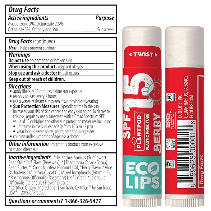 Eco Lips Broad Spectrum SPF Sun Protection Lip Balm 3-Pack with Carabiner Eco Clip (Berry, Vanilla, Mint) With Cocoa Butter & Aloe to Moisturize Lips | Made in USA