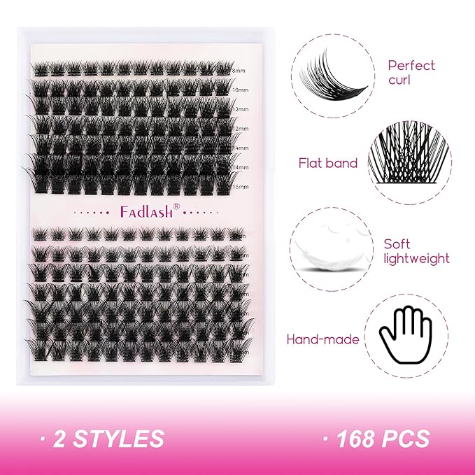 Lash Clusters DIY Eyelash Extensions 168 Clusters Lashes D Curl 0.07 Natural Individual Lash Extensions Mixed Tray False Eyelashes Soft & Strong Thin Band DIY at Home (F22+F23-0.07D, 8-16mm)