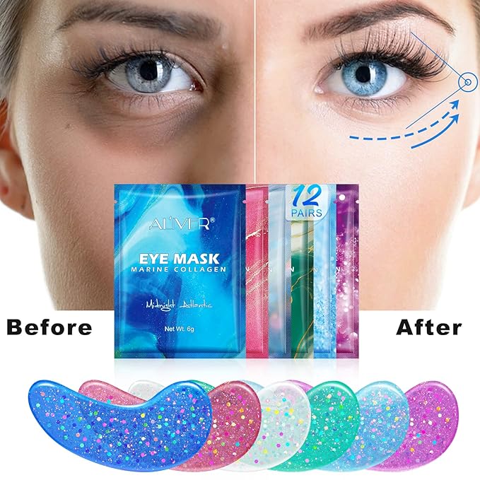 Under Eye Patches(12 Pairs), 6 Color Marine Collagen Eye Mask for Puffy Eyes, Dark Circles, Eye Bags, Wrinkles, Fine Lines.