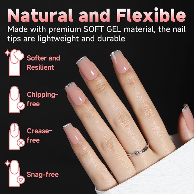 UNA GELLA Short Square Gel Nail Tips 600Pcs, Square Press on Nails Pre Etched Full Cover Soft Gel Nail Tips No C Curve For Women Girl DIY French & Chrome Style Salon At Home 12 Sizes