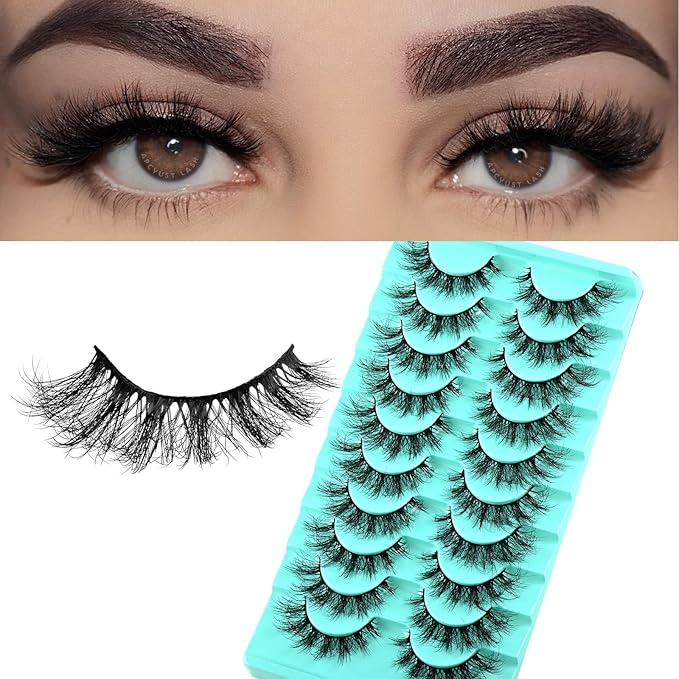 Mink False Eyelashes, 10 Pairs Fluffy Cat Eye Strips, Natural Looking Short Lashes with Soft Band, 3D Multi-Layered, Reusable, Cruelty Free (Flare Wispy, 9-15mm, Black)