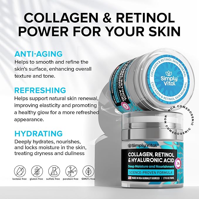 SimplyVital Anti-Aging Collagen Retinol Cream for Face, Neck & Décolleté with Hyaluronic Acid - Made in USA, Daily Collagen, Retinol & Hyaluronic Acid Cream, 2-Pack