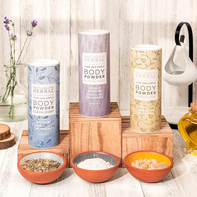 Ora's Amazing Herbal Natural Talc-Free Body Powder for Women, Variety Pack with Essential Oils, No Talc or Corn, Grain-Free, Scented Bath and Dusting Powder, 2.5 oz (3-Pack)