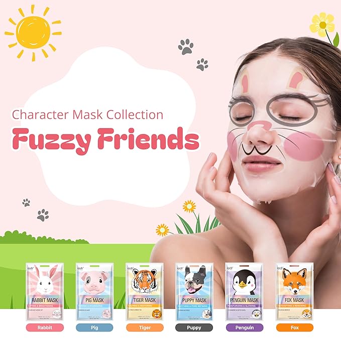 Epielle Character Face Mask Fuzzy Friends 12 Pack, Fun & Effective Korean Skin Care, Spa Party Favors, Stocking Stuffers, Birthday Gifts for Women, Thanksgiving Essentials