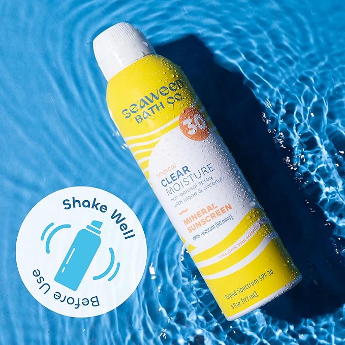 Seaweed Bath Co. Clear Moisture Mineral SPF 30 Broad Spectrum Sunscreen Spray, 6 Ounce (Pack of 2), Sustainably Harvested Seaweed, Algae, Coconut