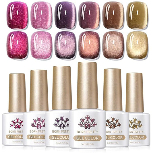 Born Pretty Cat Magnetic Eye Gel Nail Polish, Fall Winter Jelly Glass Magnetic Gel Polish, Purple Brown Pink Nude Glitter Soak Off Nail Art Salon Manicure Home Gift 7ml 6pcs