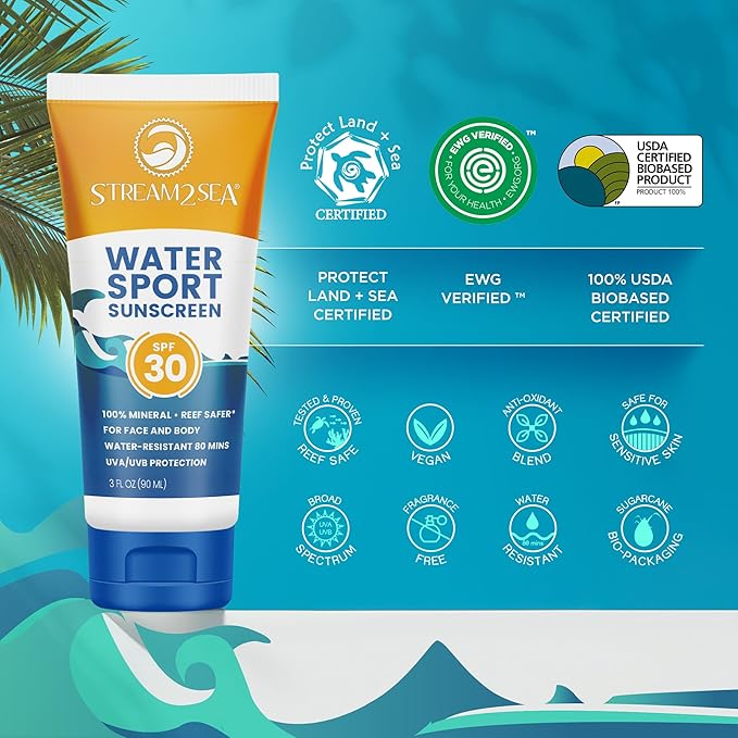 STREAM 2 SEA SPF 30 Mineral Sunscreen Biodegradable and Reef Safe, 1 Fl oz Travel Size Pack of 3, Paraben Free Non Greasy and Moisturizing Mineral Sunscreen For Face and Body Against UVA and UVB