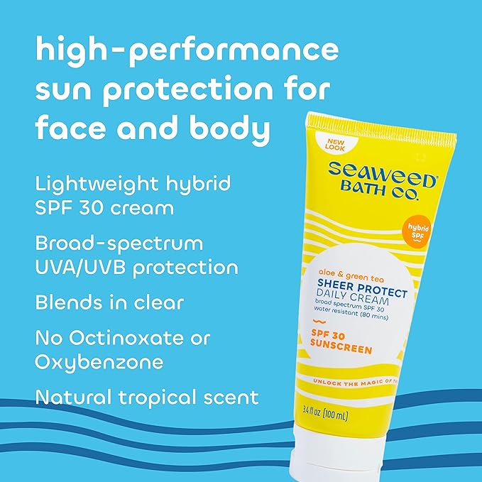 Seaweed Bath Co. Sheer Protect Daily SPF 30 Broad Spectrum Hybrid Sunscreen Cream, 3.4 Ounce, Sustainably Harvested Seaweed, Aloe, Green Tea