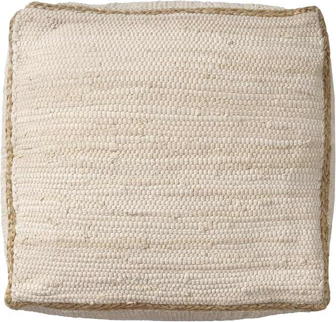 LR Home Birch/Silver Bordered Hand-Loomed Cotton Blend Cube Pouf with Jute Braid for Home Décor | Transitional Foot Rest for Bedroom & Living Room | 18 x 18 x 18 Stuffed Ottoman for Seating